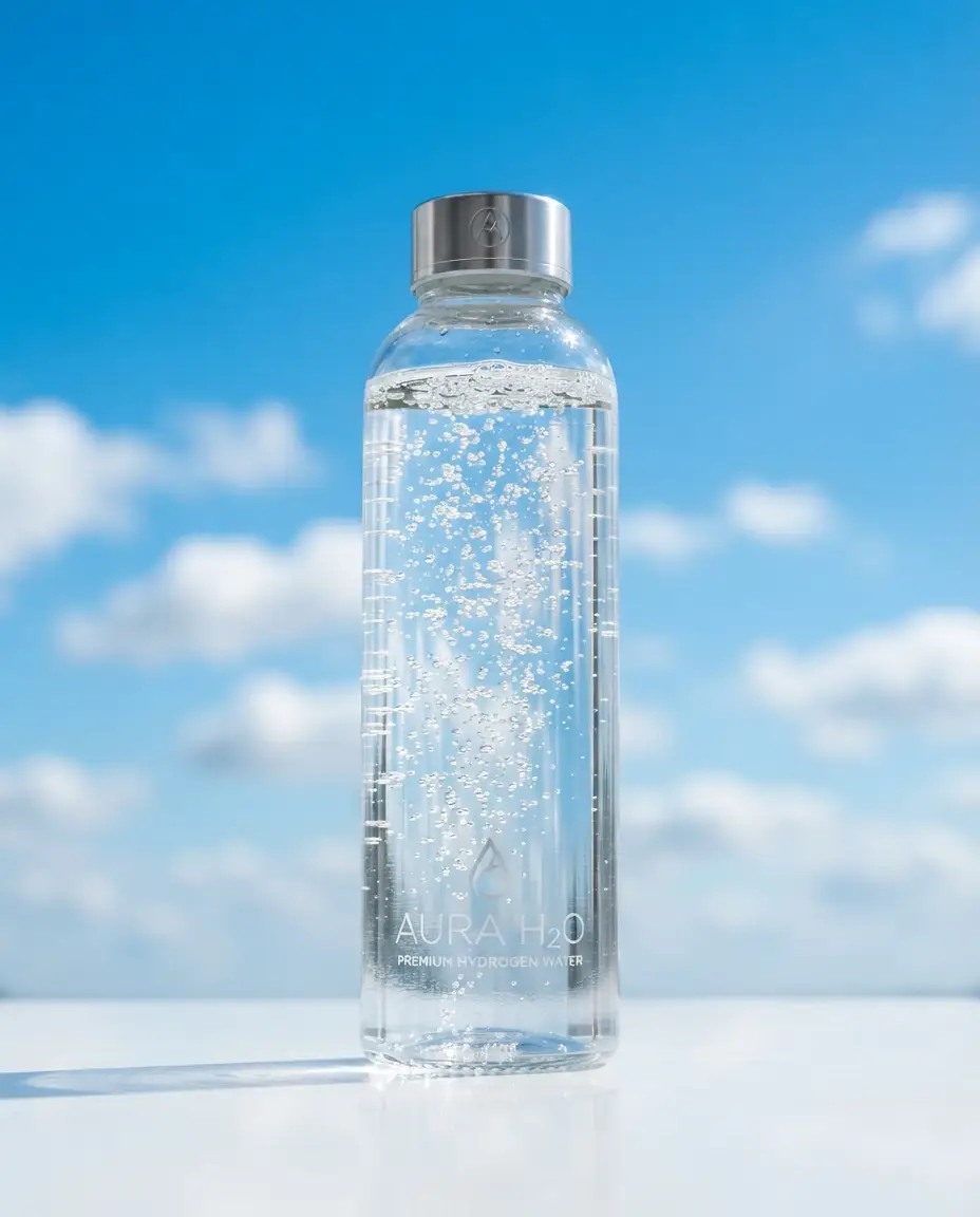 Bouteille d'eau hydrogénée devant un ciel bleu, fines bulles dans le réservoir