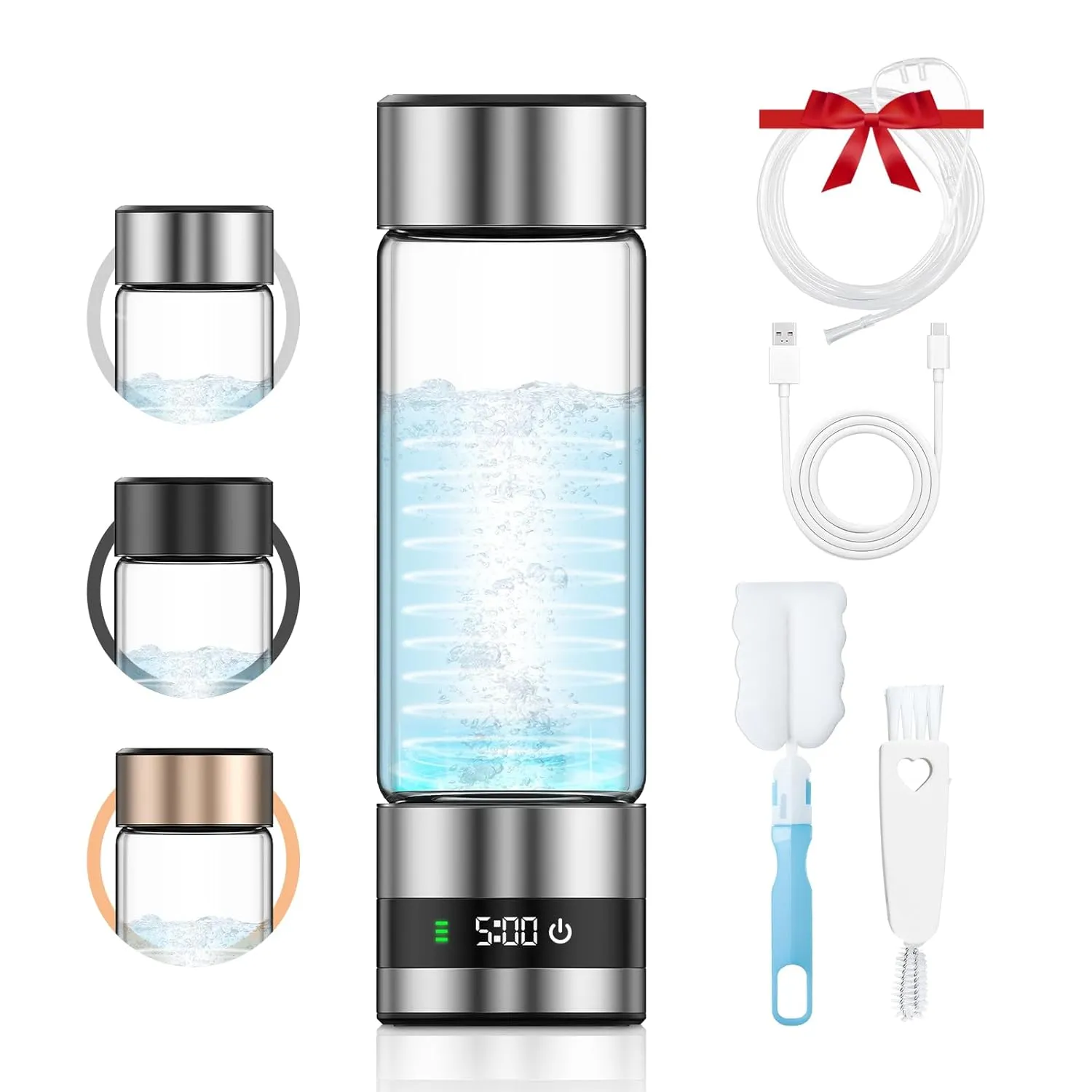 Gourde à hydrogène Feelhap en verre avec ses accessoires : câble USB, brosses et tuyau
