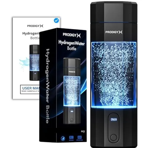Bouteille d'eau hydrogénée PRODIGY au corps transparent et au socle argenté