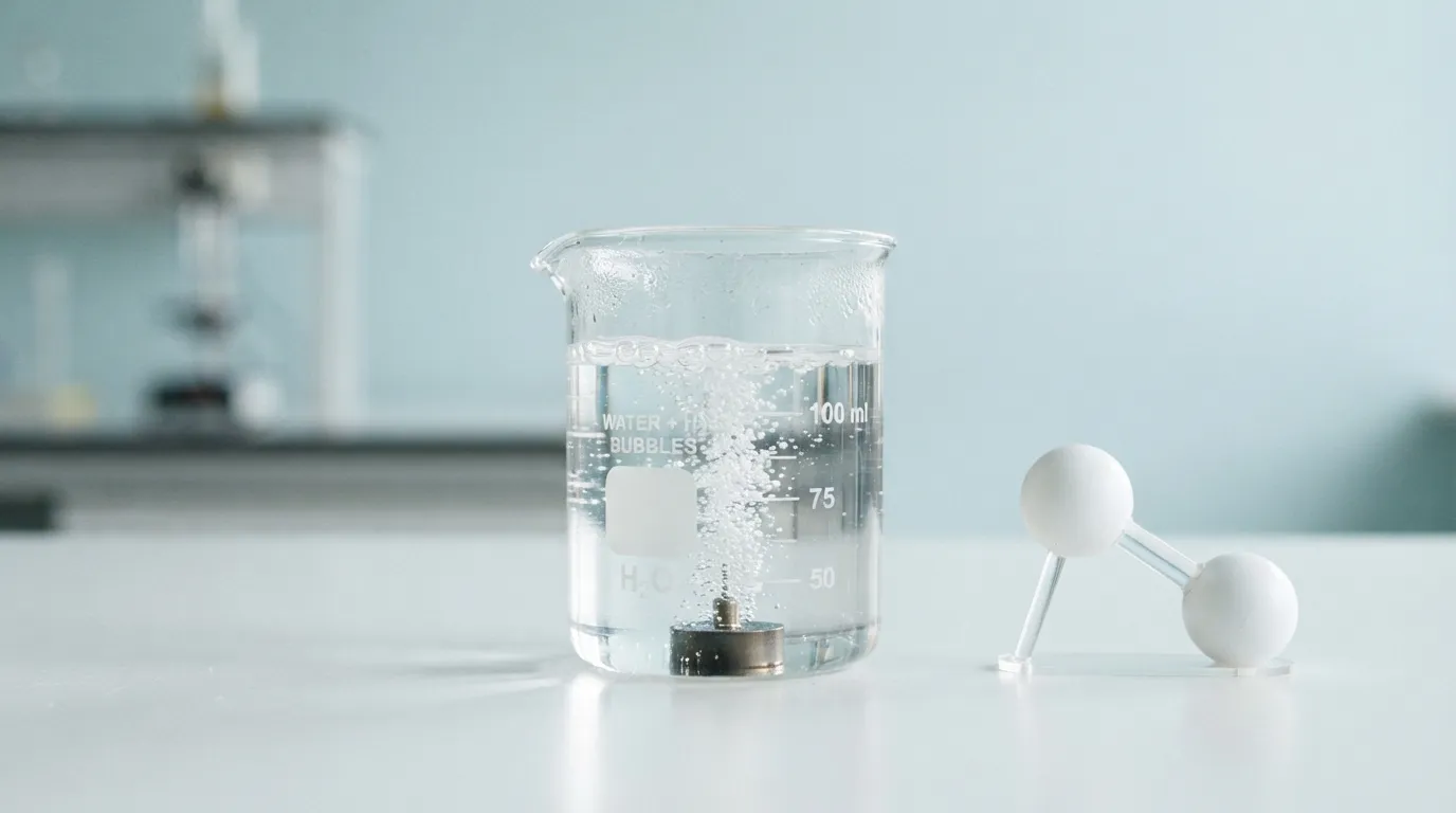 Bécher d'eau aux fines bulles à côté d'une molécule H₂ modélisée, sur une paillasse claire