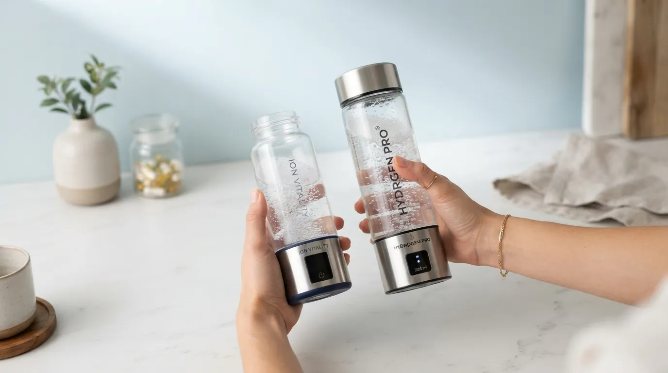 Deux mains comparant deux gourdes à hydrogène au-dessus d'un plan de travail clair