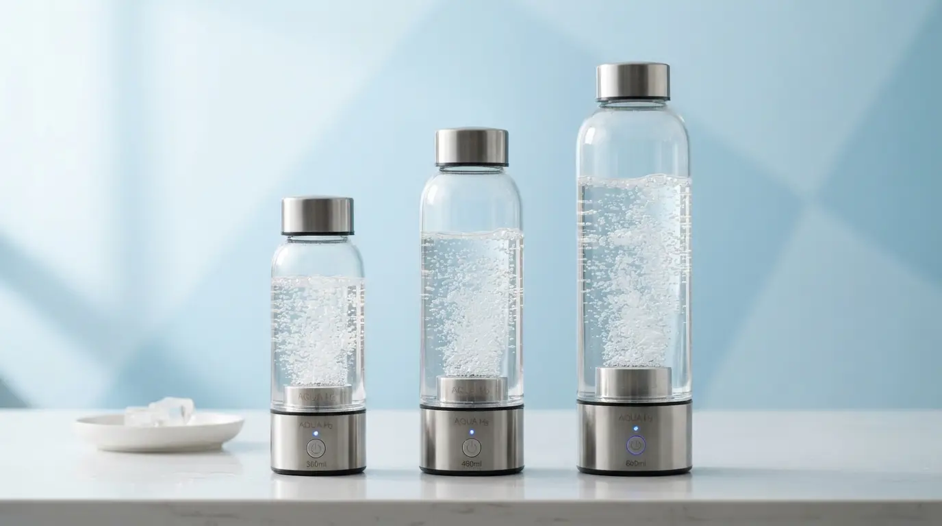 Trois gourdes à hydrogène de tailles différentes alignées sur un comptoir blanc, fond bleu pâle