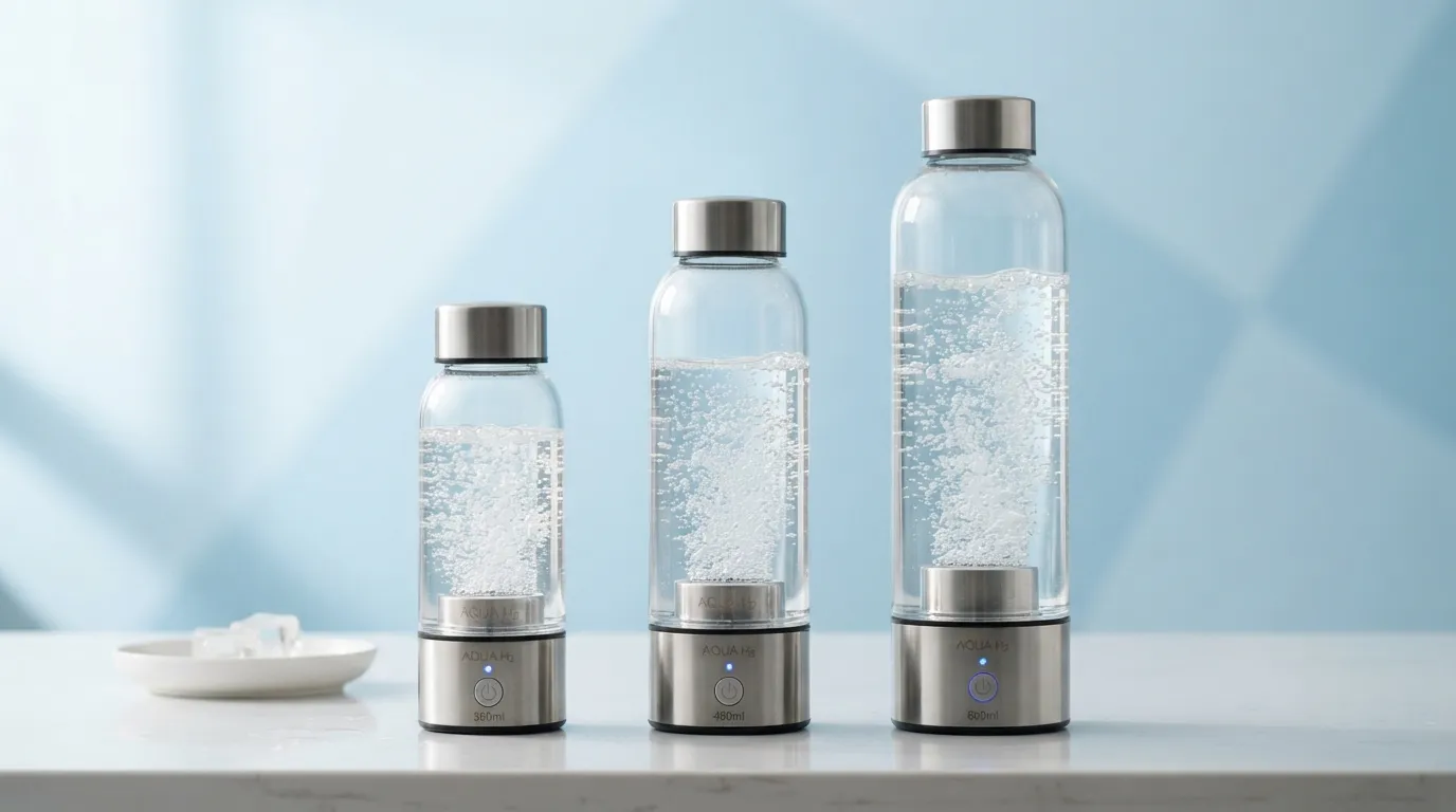 Trois gourdes à hydrogène de tailles différentes alignées sur un comptoir blanc, fond bleu pâle