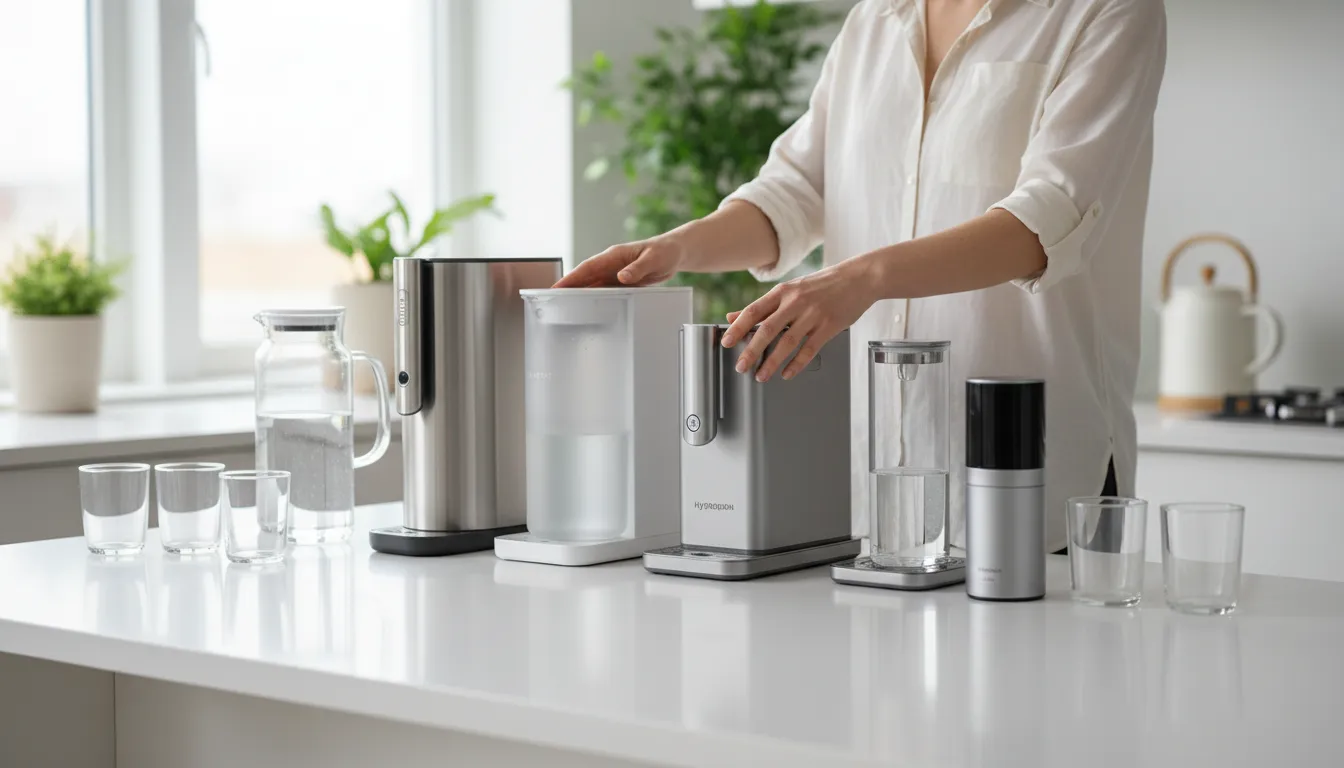 Comparaison d'appareils à eau hydrogénée sur un plan de travail : machines de comptoir, carafe filtrante et gourdes portables