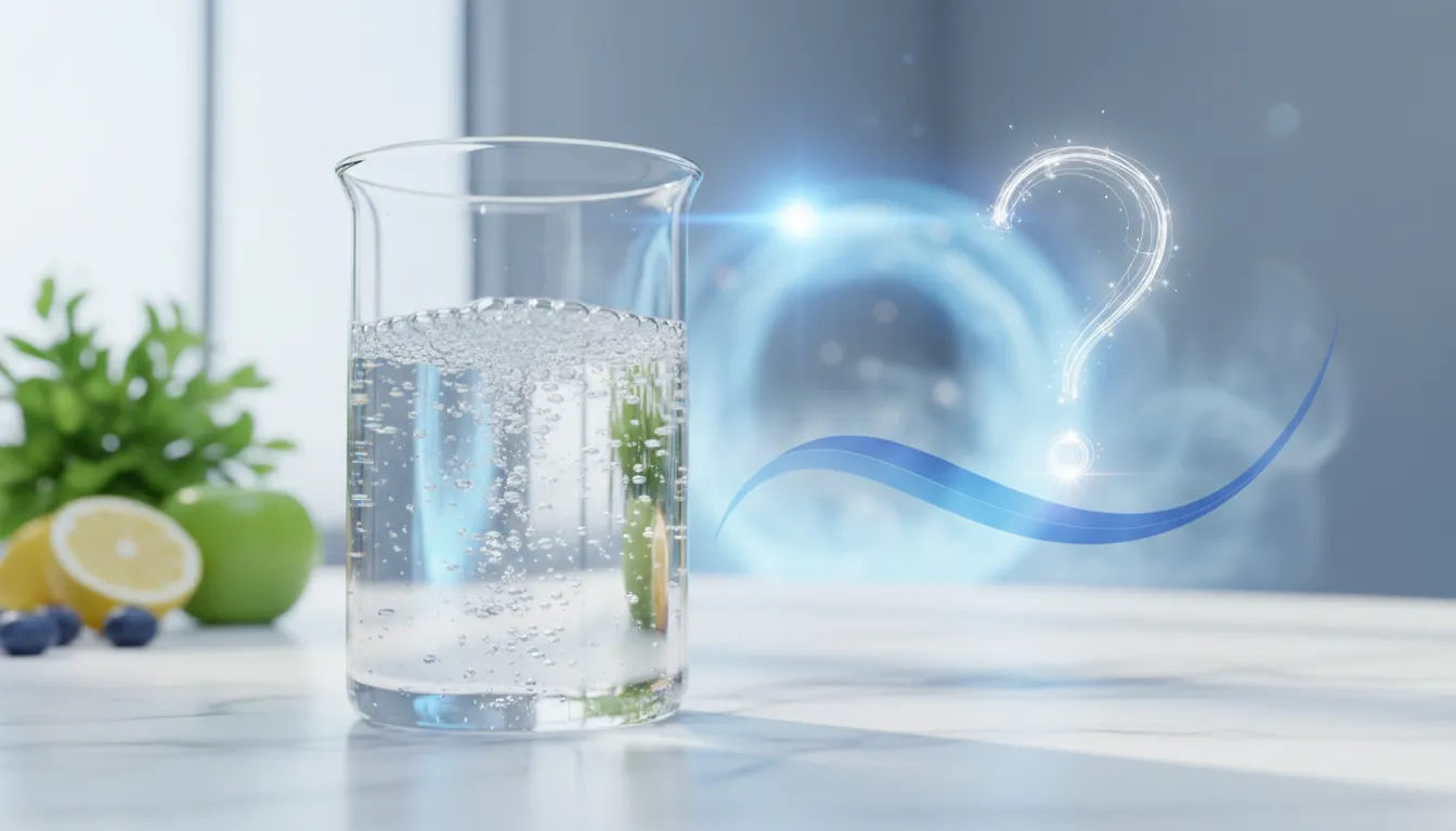 Verre d'eau aux fines bulles posé sur un plan en marbre, point d'interrogation lumineux en arrière-plan