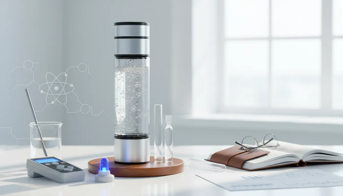 Gourde à hydrogène en verre et inox posée sur un socle en bois, entourée d'un testeur et d'éprouvettes de laboratoire