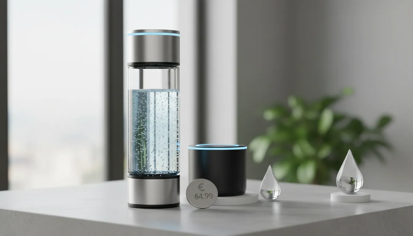 Bouteille d'eau hydrogénée au corps transparent et au socle argenté, pastille affichant le prix de 64,99 euros